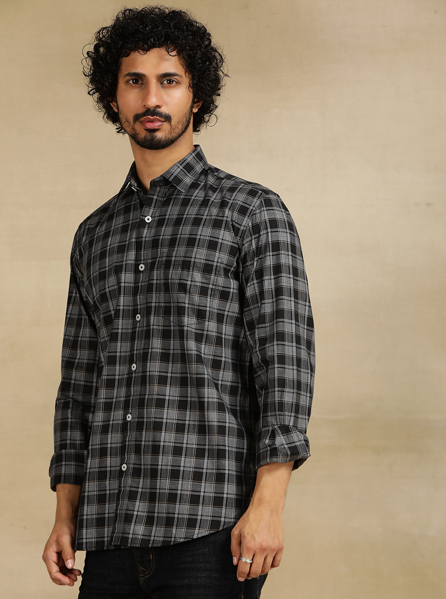 Black Checked Tailored Fit Semi Casual Shirt | JadeBlue