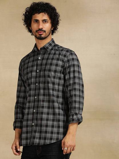 Black Checked Tailored Fit Semi Casual Shirt | JadeBlue