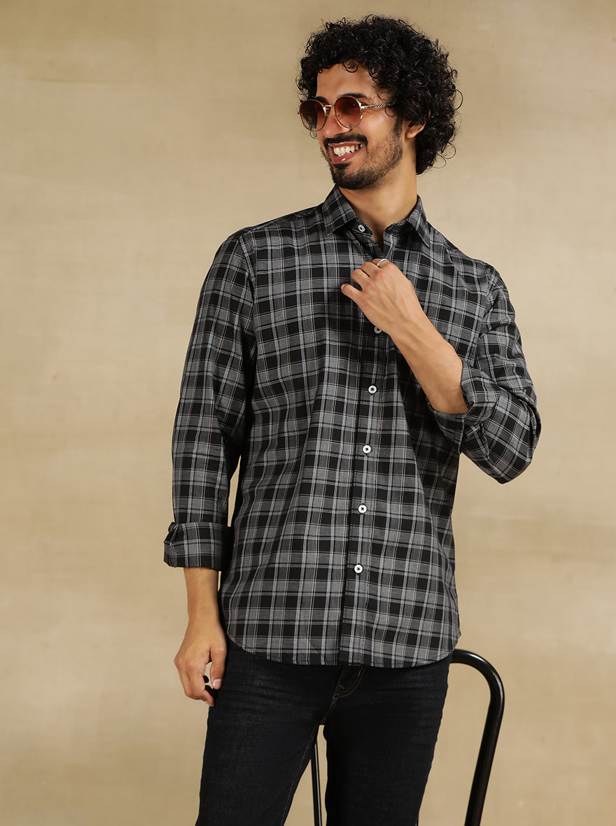 Black Checked Tailored Fit Semi Casual Shirt | JadeBlue