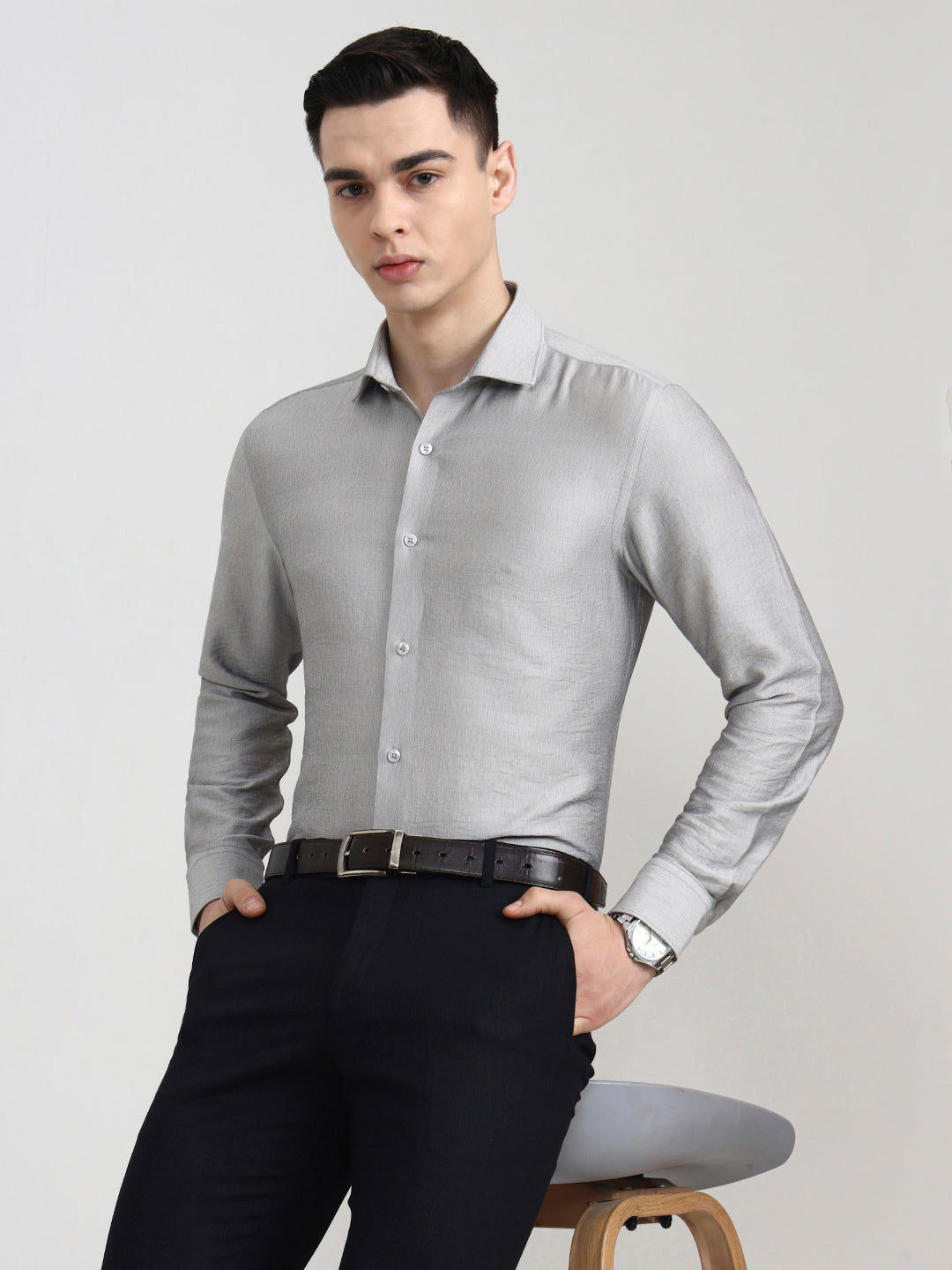 Light Grey Solid Slim Fit Party Wear Shirt | Wyre