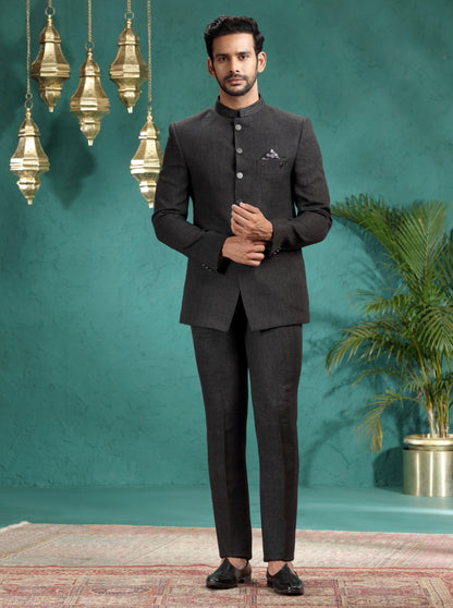 Dark Grey Self Textured Jodhpuri Suit | JadeBlue