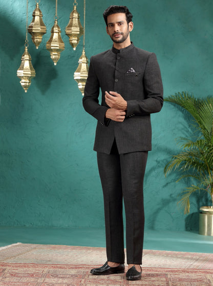 Dark Grey Self Textured Jodhpuri Suit | JadeBlue