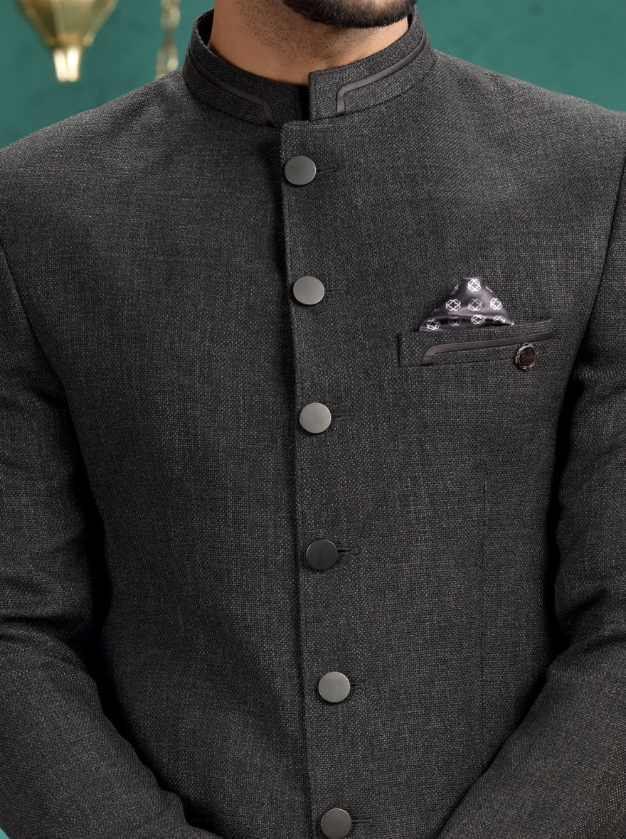 Dark Grey Self Textured Jodhpuri Suit | JadeBlue