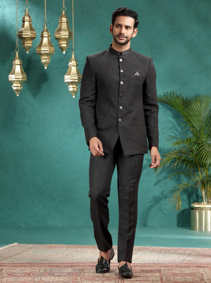 Dark Grey Self Textured Jodhpuri Suit | JadeBlue