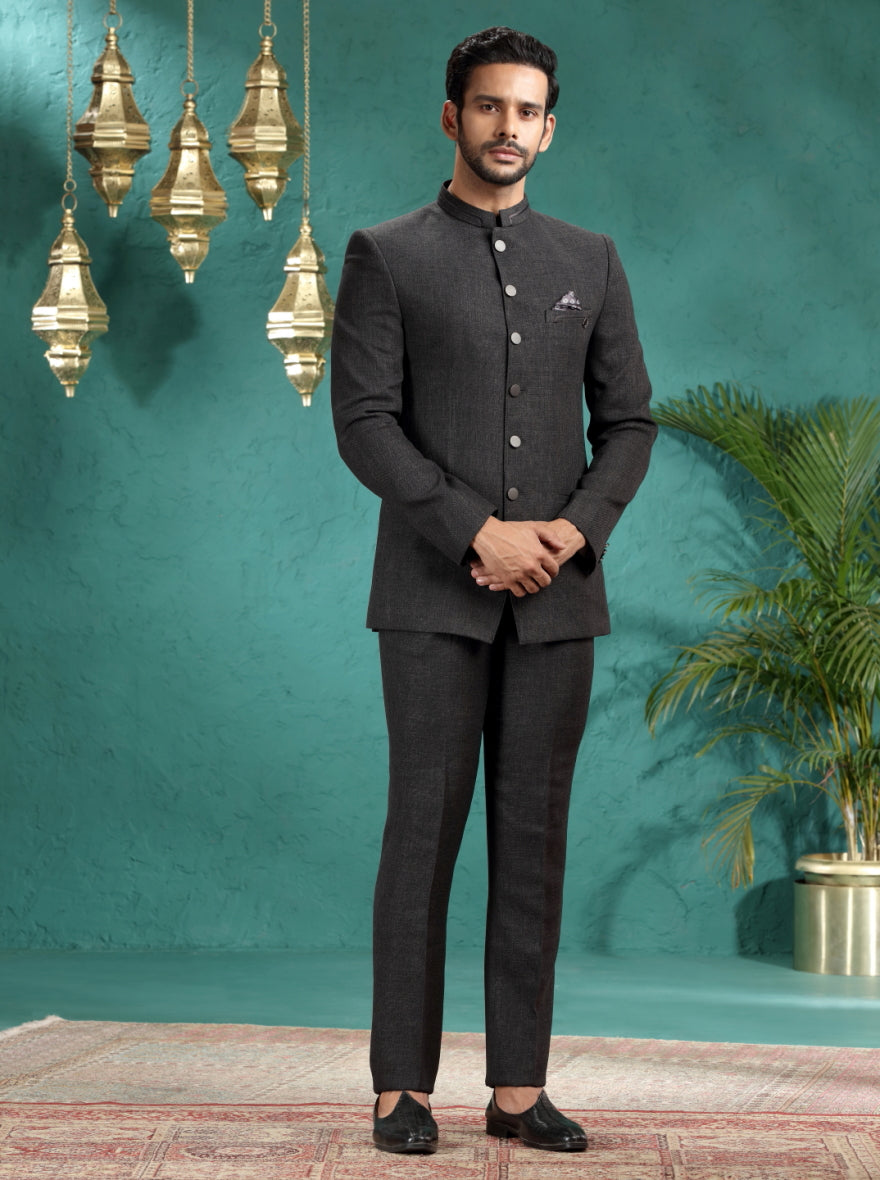 Dark Grey Self Textured Jodhpuri Suit | JadeBlue