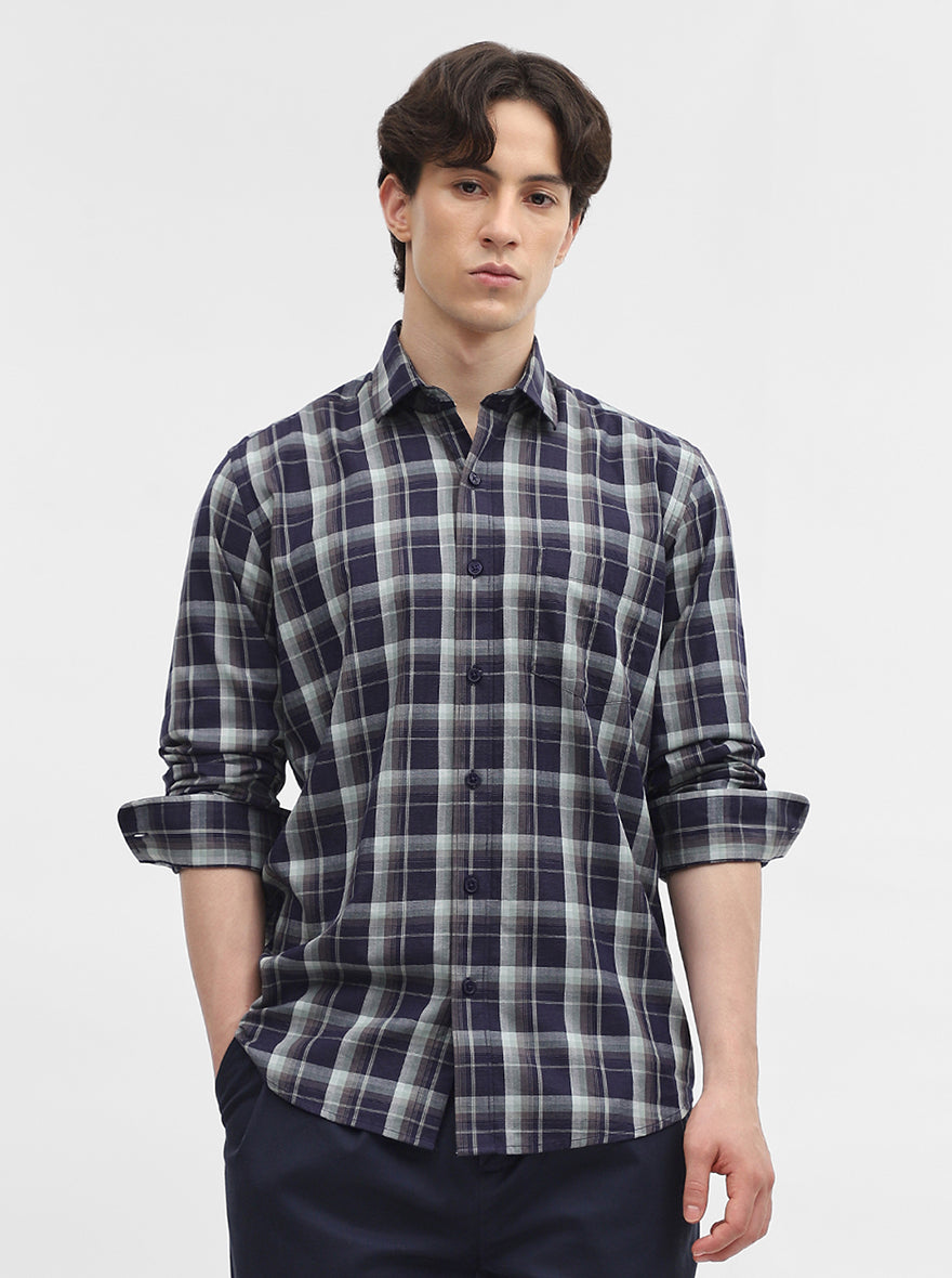 Blue Checked Tailored Fit Semi Casual Shirt | JadeBlue