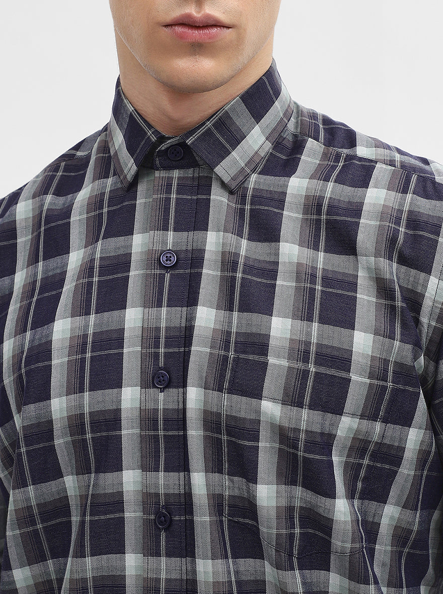 Blue Checked Tailored Fit Semi Casual Shirt | JadeBlue
