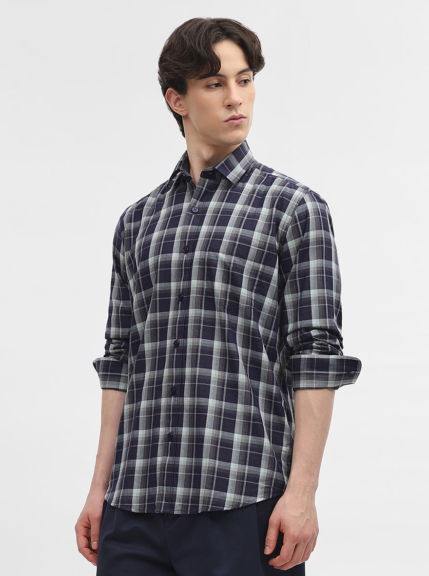 Blue Checked Tailored Fit Semi Casual Shirt | JadeBlue