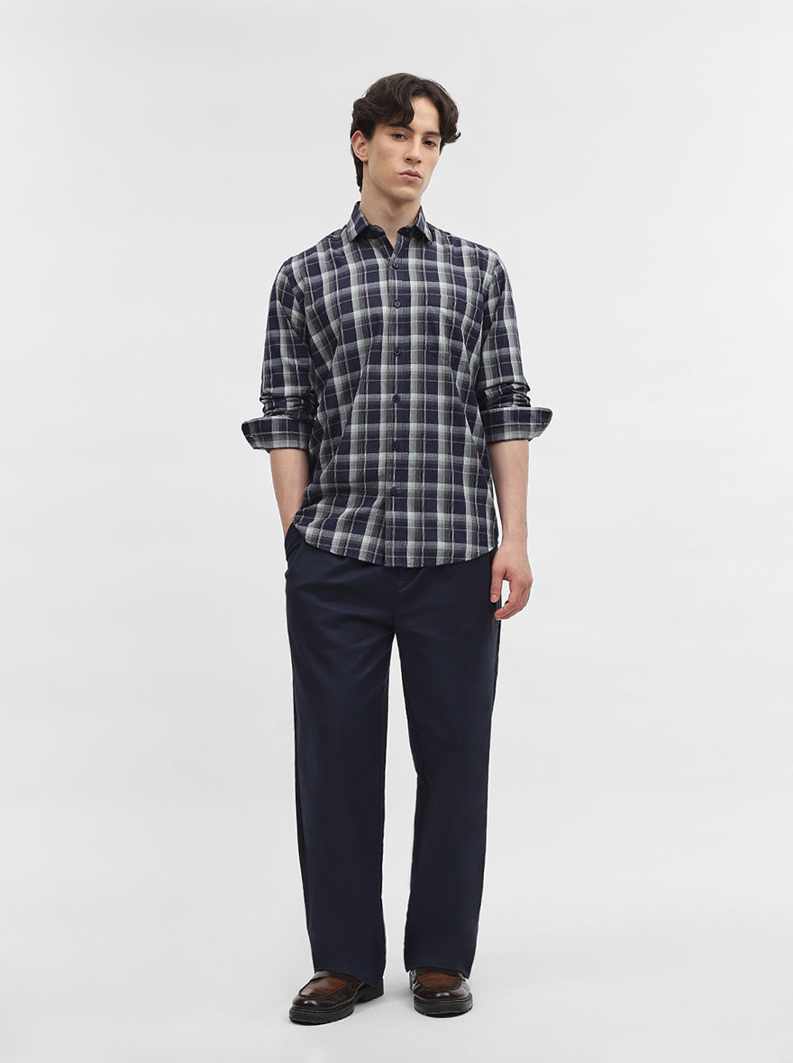 Blue Checked Tailored Fit Semi Casual Shirt | JadeBlue