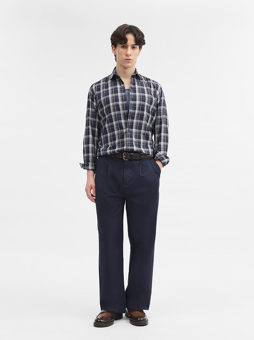 Blue Checked Tailored Fit Semi Casual Shirt | JadeBlue