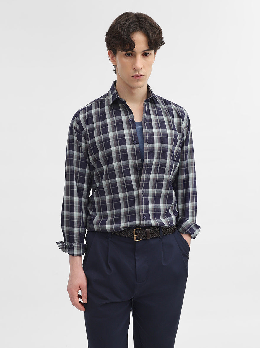 Blue Checked Tailored Fit Semi Casual Shirt | JadeBlue