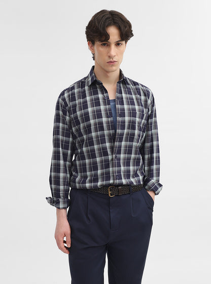 Blue Checked Tailored Fit Semi Casual Shirt | JadeBlue