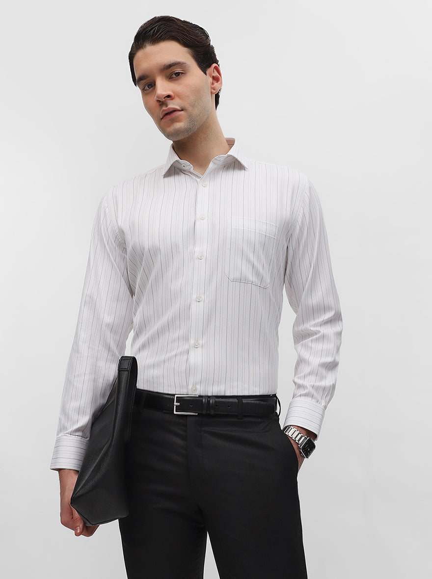 White & Grey Striped Regular Fit Formal Shirt | Greenfibre