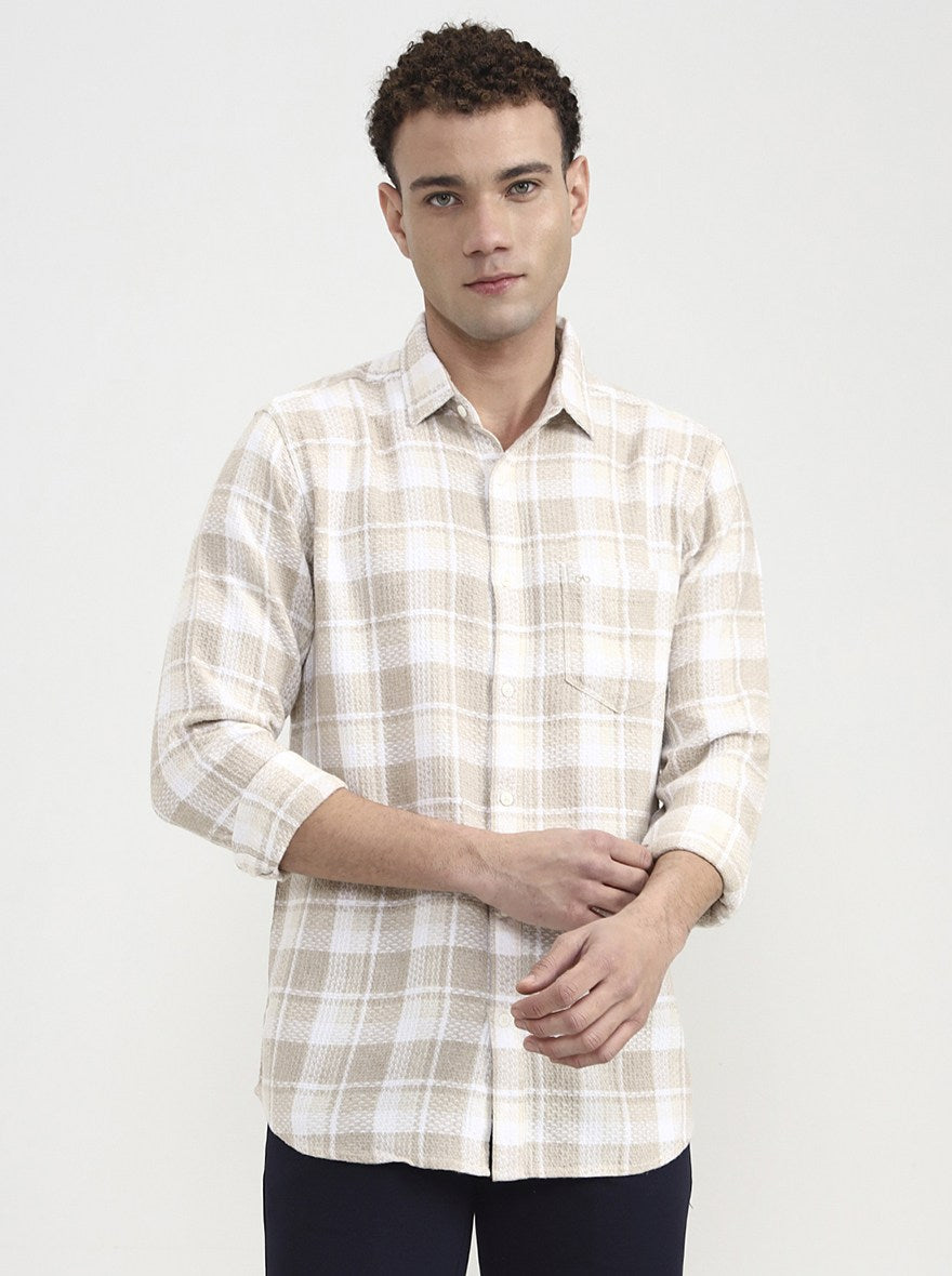 Beige Checked Slim Fit Casual Shirt | JadeBlue
