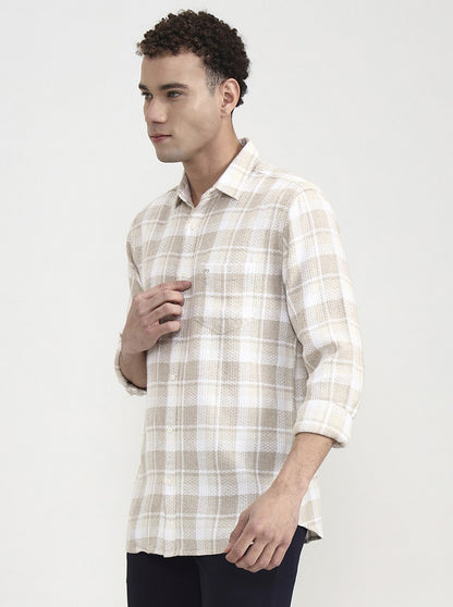 Beige Checked Slim Fit Casual Shirt | JadeBlue