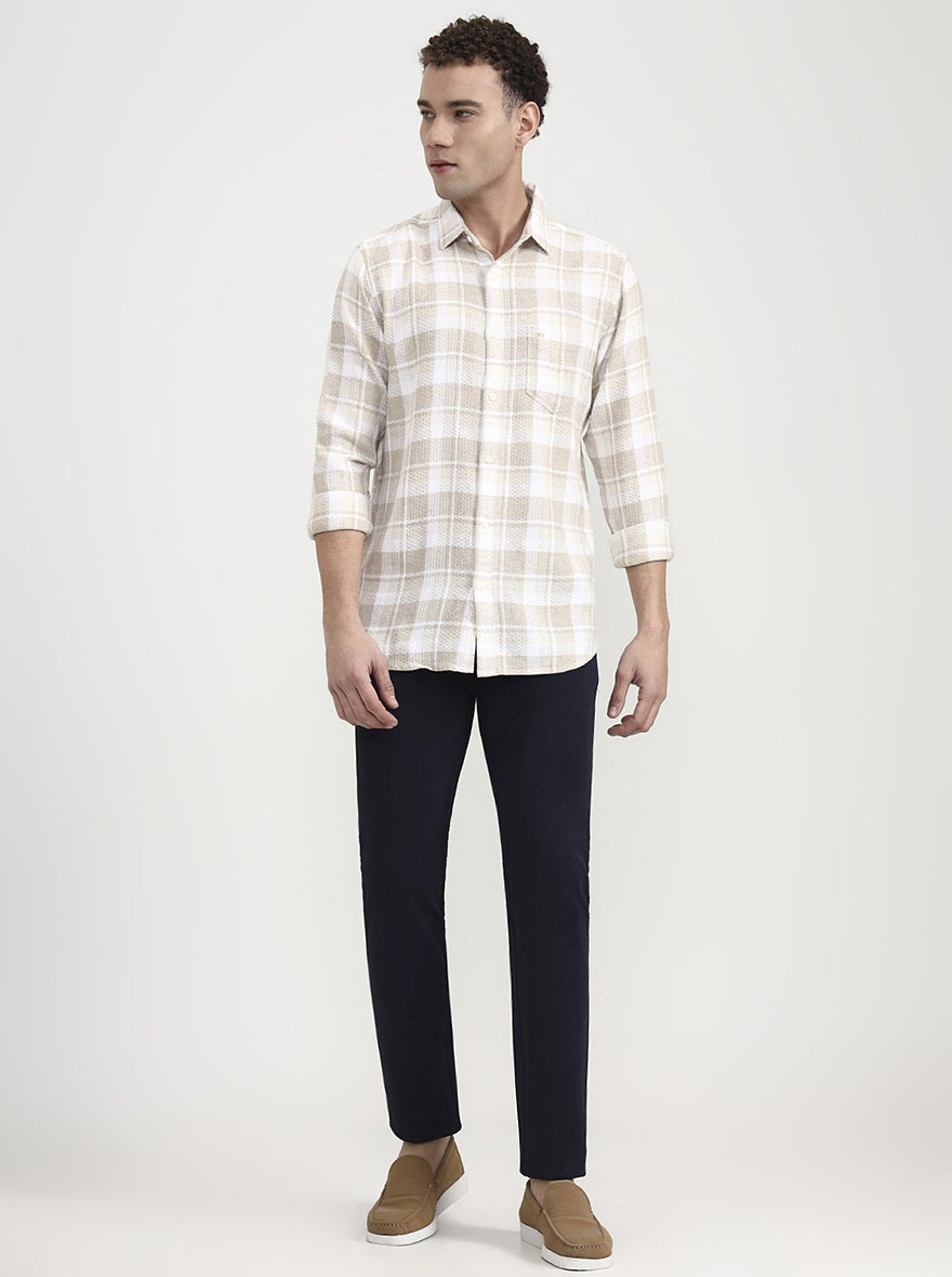 Beige Checked Slim Fit Casual Shirt | JadeBlue