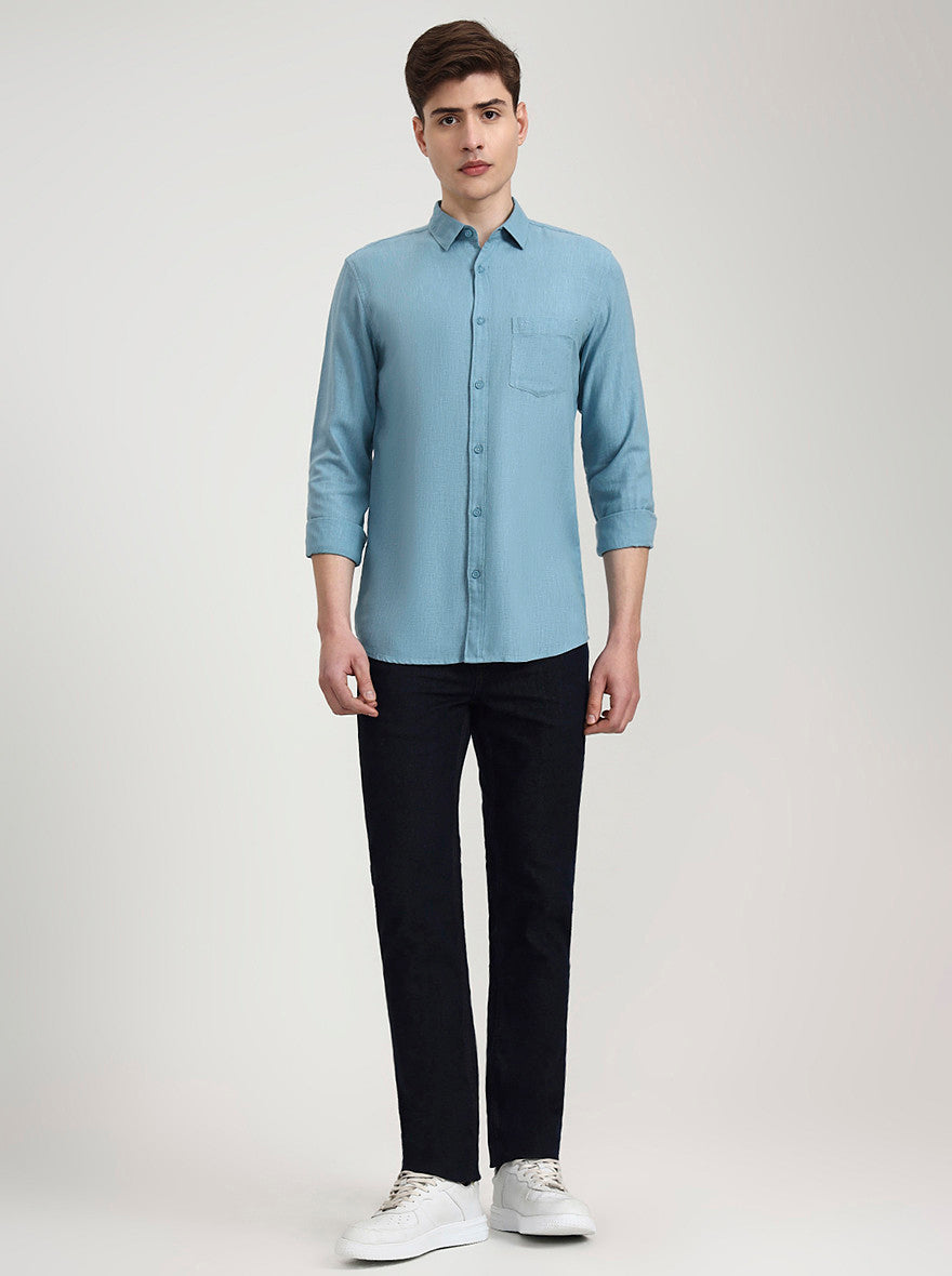 Teal Solid Slim Fit Casual Shirt | JadeBlue