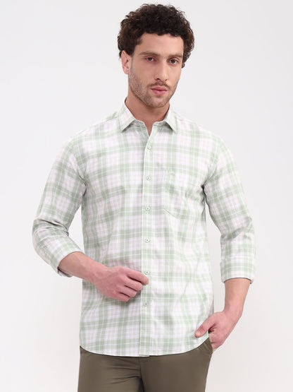 Green Checked Tailored Fit Semi Casual Shirt | JadeBlue