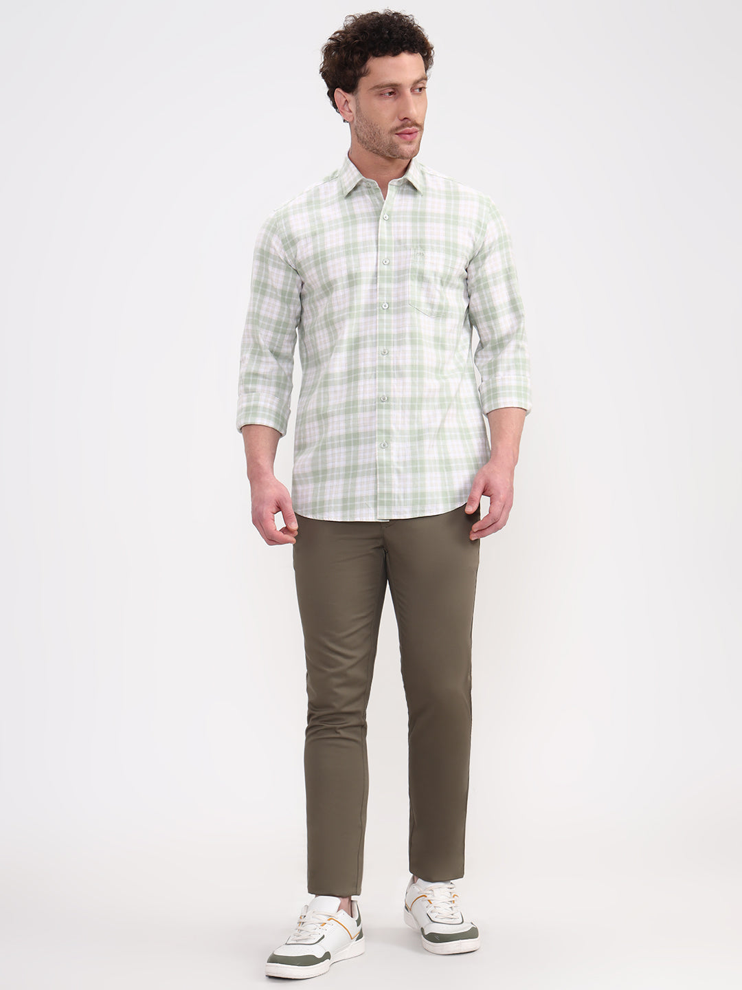 Green Checked Tailored Fit Semi Casual Shirt | JadeBlue