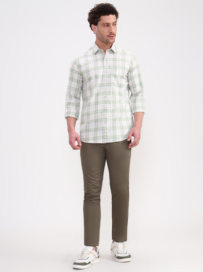Green Checked Tailored Fit Semi Casual Shirt | JadeBlue