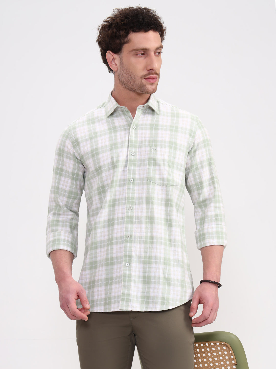 Green Checked Tailored Fit Semi Casual Shirt | JadeBlue