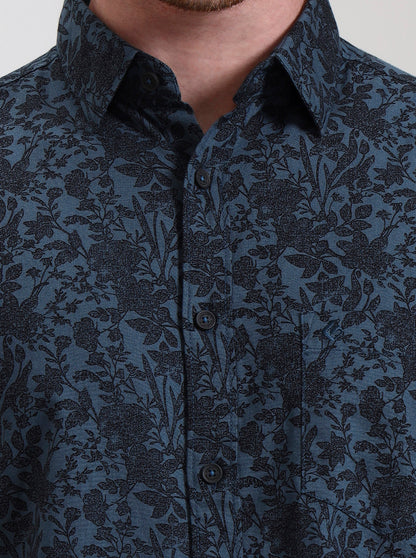 Medium Blue Printed Slim Fit Casual Shirt | Greenfibre