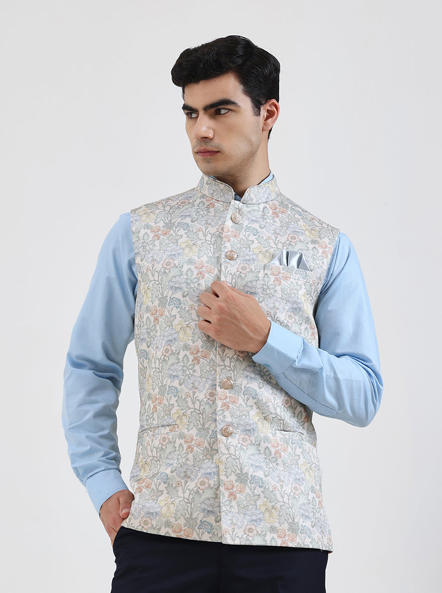 Beige & Green Printed Regular Fit Waistcoat  | JB Studio