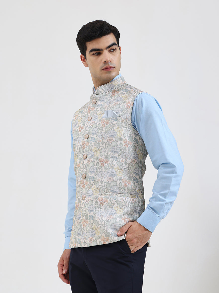 Beige & Green Printed Regular Fit Waistcoat  | JB Studio