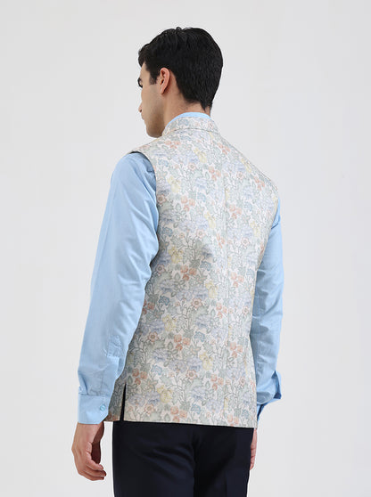 Beige & Green Printed Regular Fit Waistcoat  | JB Studio