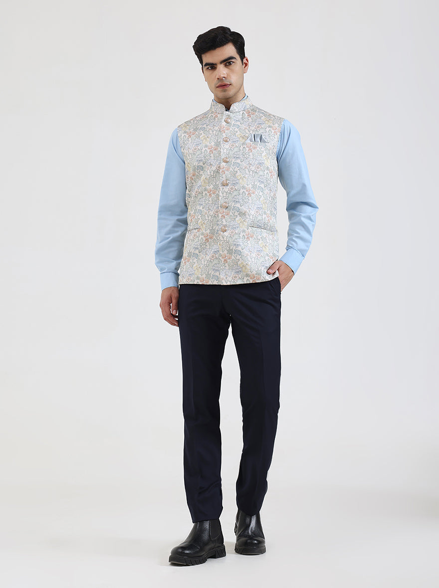 Beige & Green Printed Regular Fit Waistcoat  | JB Studio