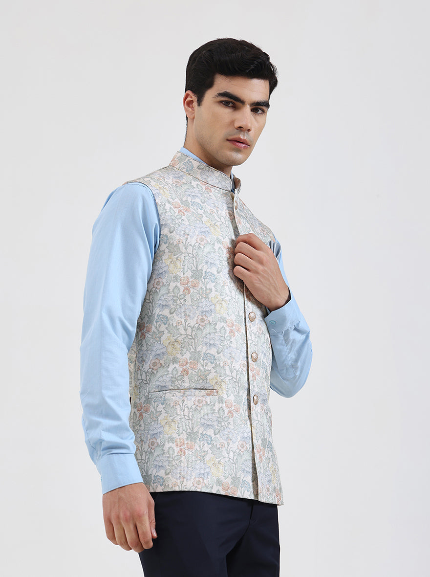 Beige & Green Printed Regular Fit Waistcoat  | JB Studio