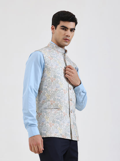 Beige & Green Printed Regular Fit Waistcoat  | JB Studio