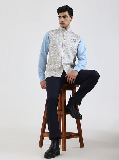 Beige & Green Printed Regular Fit Waistcoat  | JB Studio