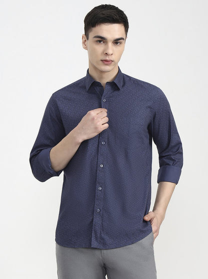 Medium Blue Printed Tailored Fit Semi Casual Shirt | JadeBlue