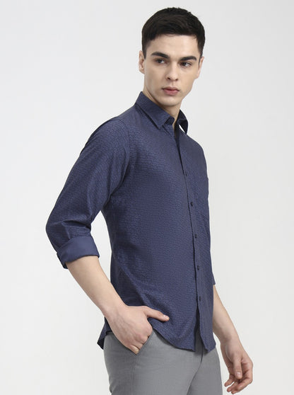 Medium Blue Printed Tailored Fit Semi Casual Shirt | JadeBlue