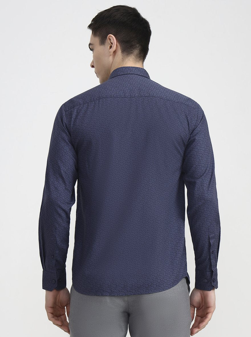 Medium Blue Printed Tailored Fit Semi Casual Shirt | JadeBlue