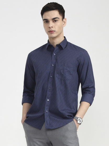 Medium Blue Printed Tailored Fit Semi Casual Shirt | JadeBlue