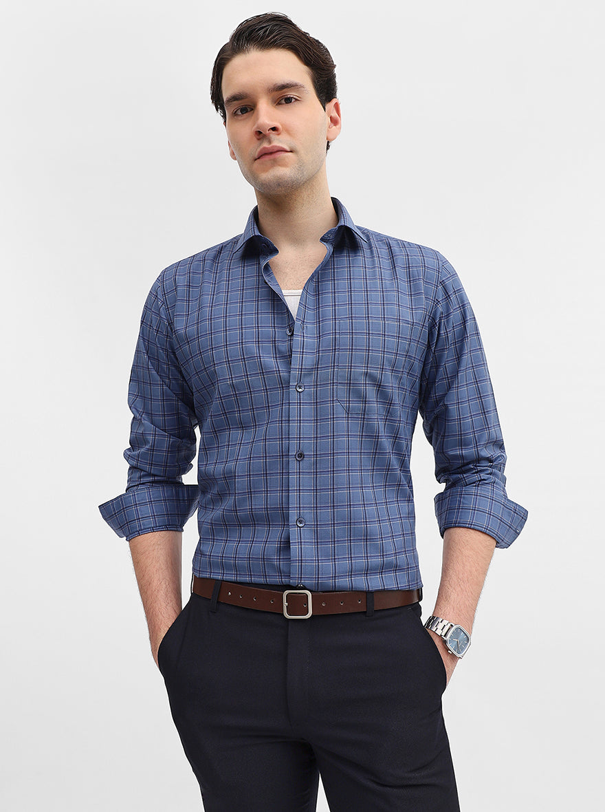 Blue Checked Regular Fit Formal Shirt | Greenfibre