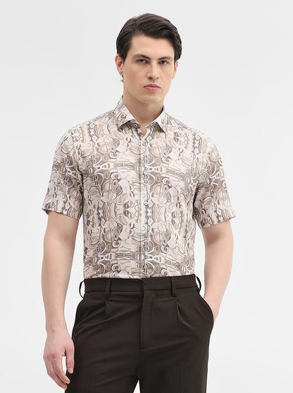 Brown & White Printed Slim Fit Party Wear Shirt | Wyre