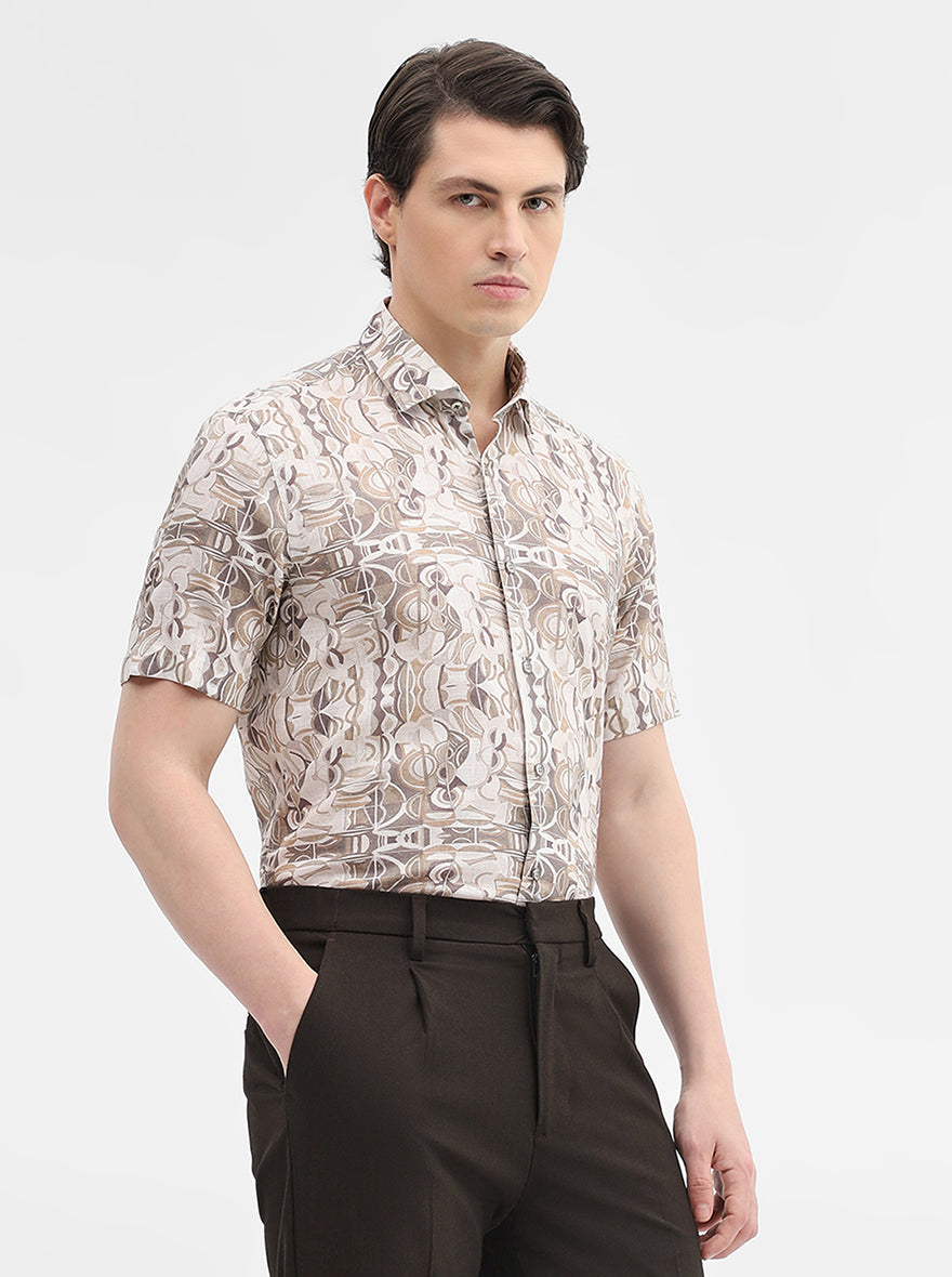 Brown & White Printed Slim Fit Party Wear Shirt | Wyre