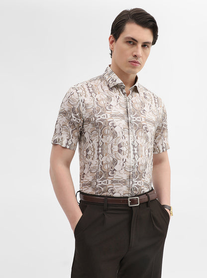 Brown & White Printed Slim Fit Party Wear Shirt | Wyre