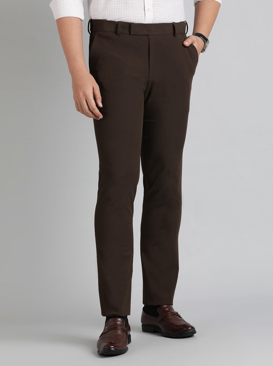 Brown Solid Slim Fit Formal Trouser | Metal