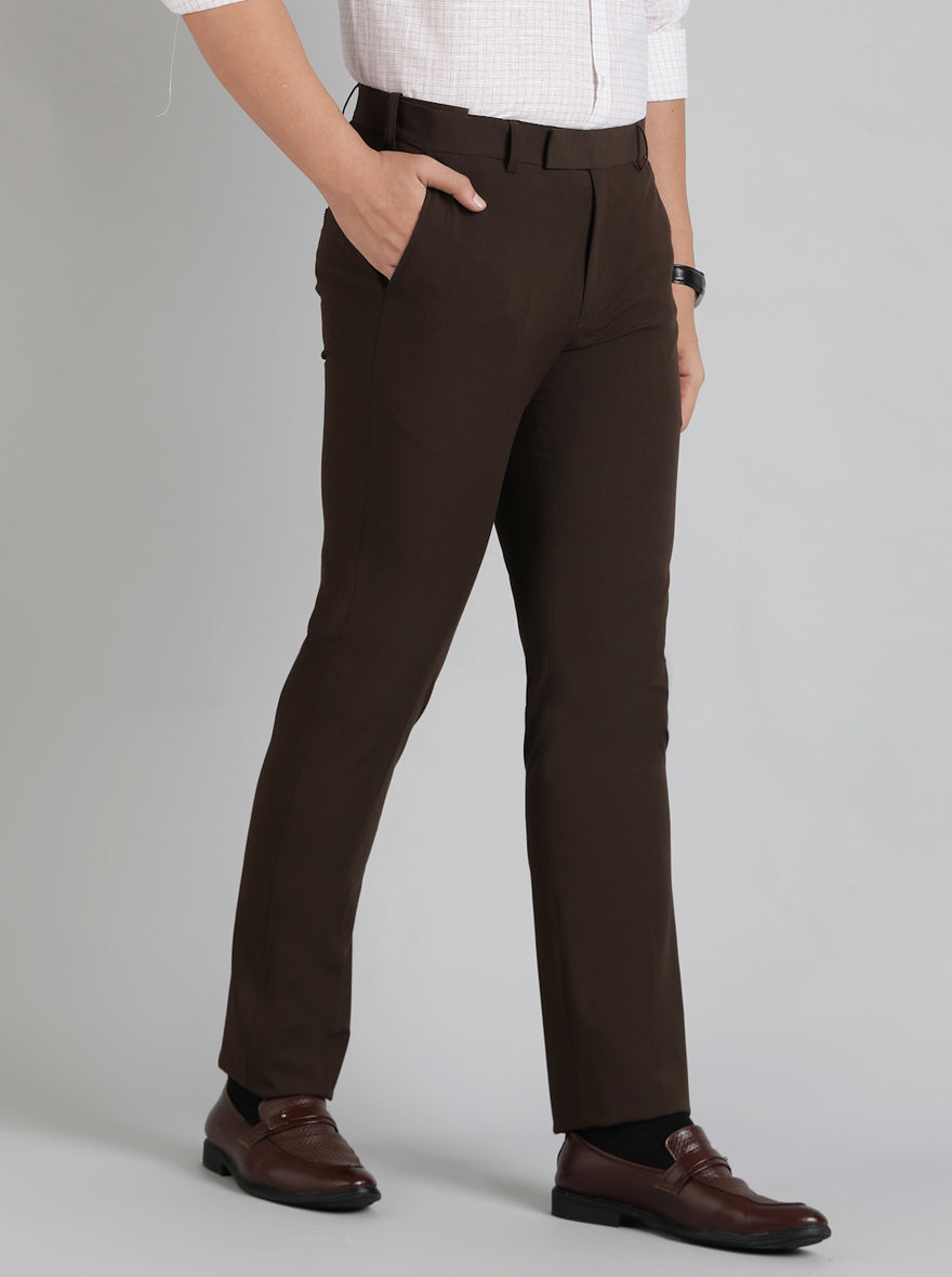 Brown Solid Slim Fit Formal Trouser | Metal