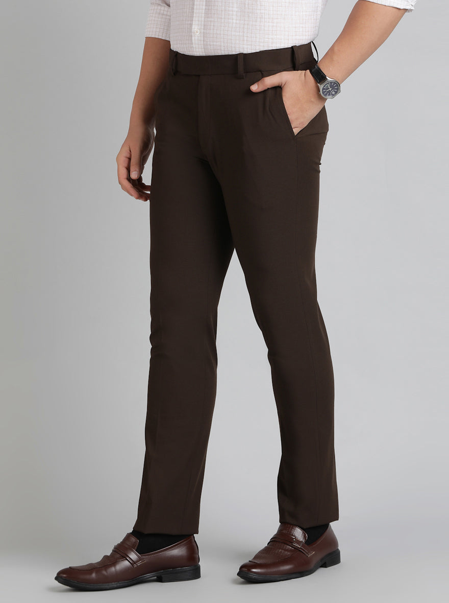 Brown Solid Slim Fit Formal Trouser | Metal