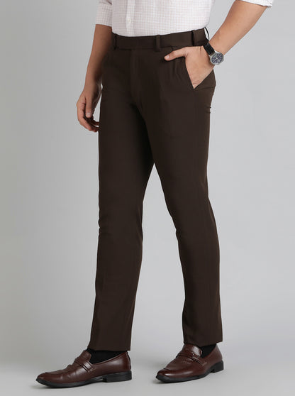 Brown Solid Slim Fit Formal Trouser | Metal