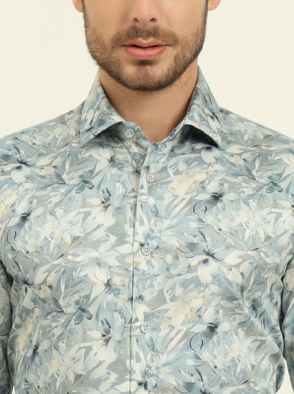 Light Blue Printed Slim Fit Party Wear Shirt | Wyre