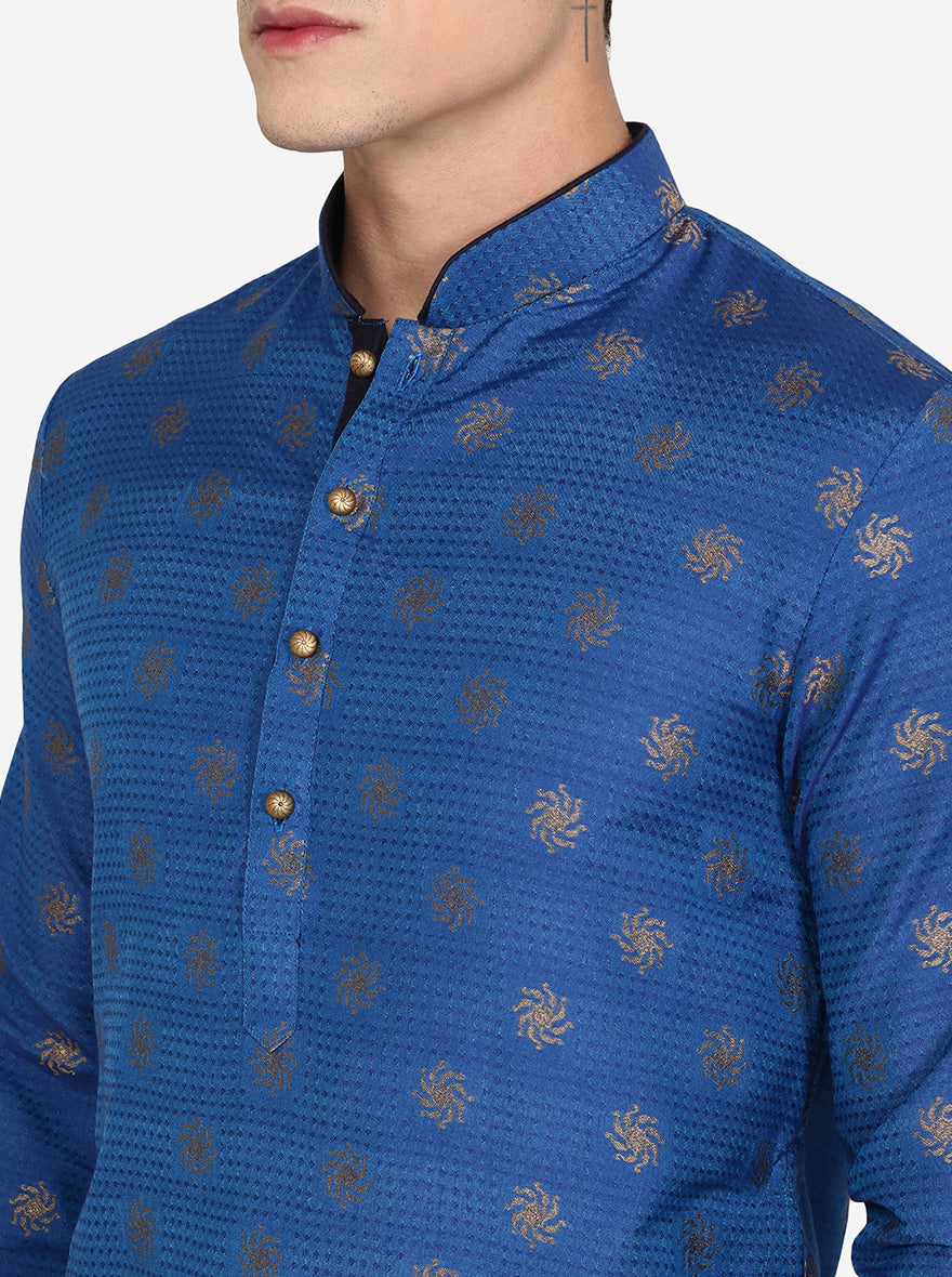 Cobalt Blue Texture Printed Silk Blend Kurta | The Kurta Company
