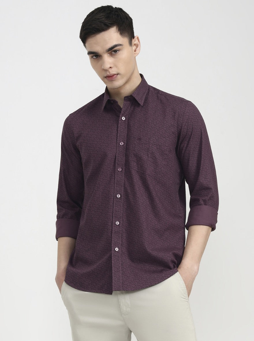 Purple Printed Tailored Fit Semi Casual Shirt | JadeBlue