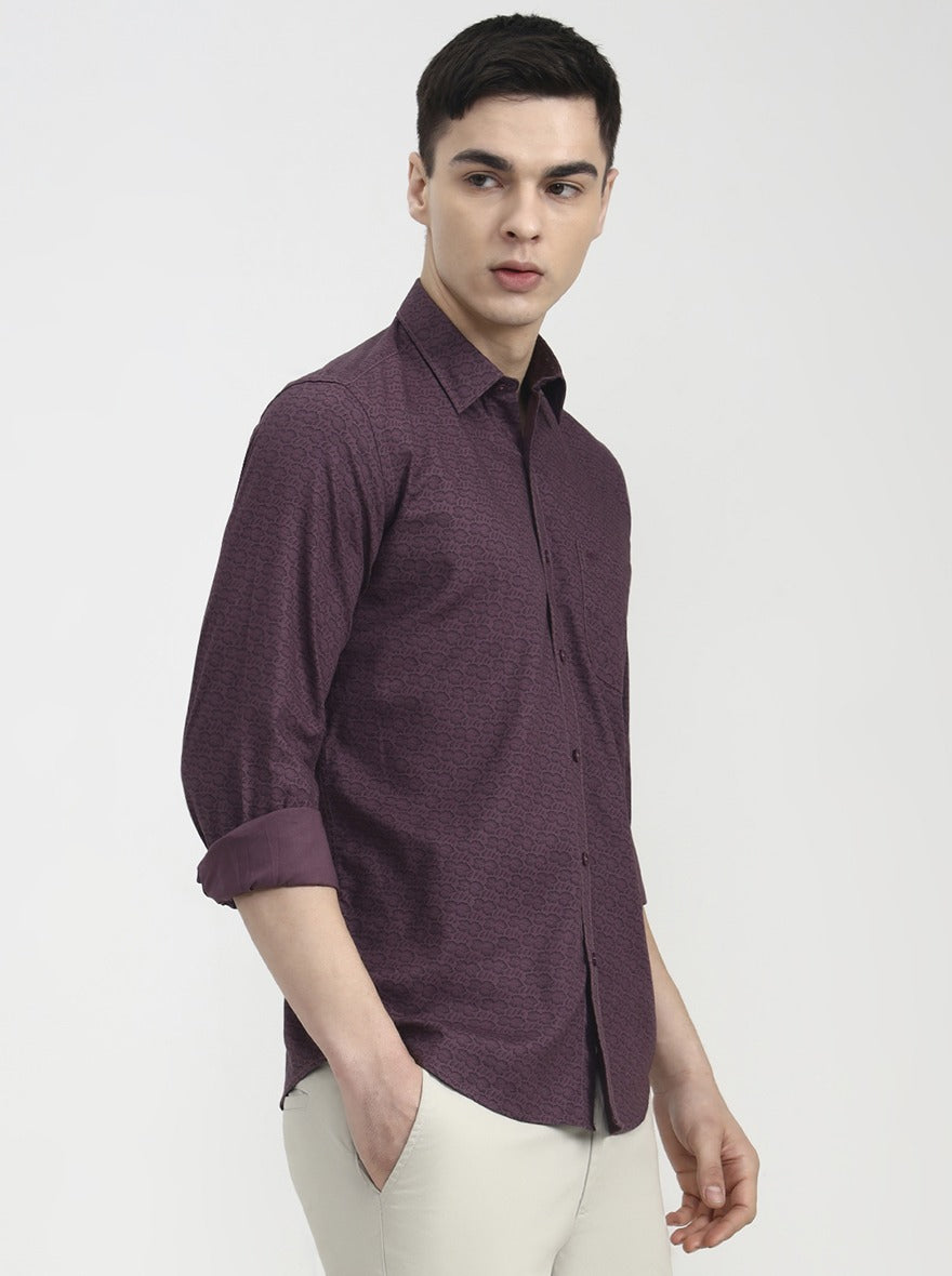 Purple Printed Tailored Fit Semi Casual Shirt | JadeBlue