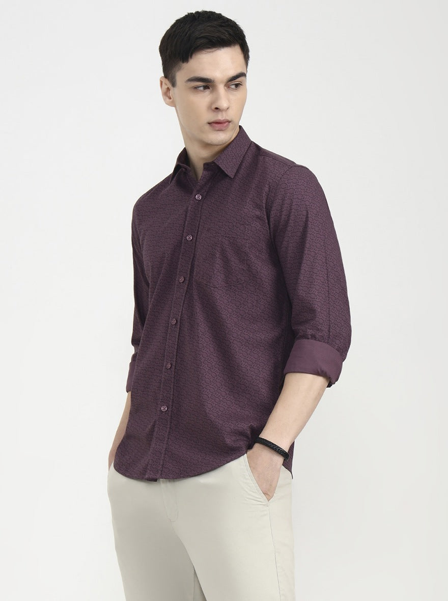 Purple Printed Tailored Fit Semi Casual Shirt | JadeBlue